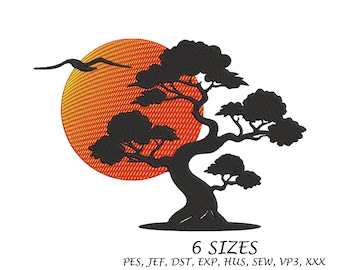 Bonsai Tree Embroidery Design: Sun and Bird, Asian Art (Digital File, 6 Sizes)