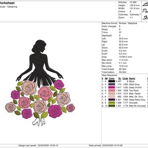 May include: An embroidery design featuring a silhouette of a woman in a dress made of roses. The design includes pink, purple, and green floral elements, with a pair of high heels at the bottom. The design is 4.9 inches wide and 4.9 inches high.
