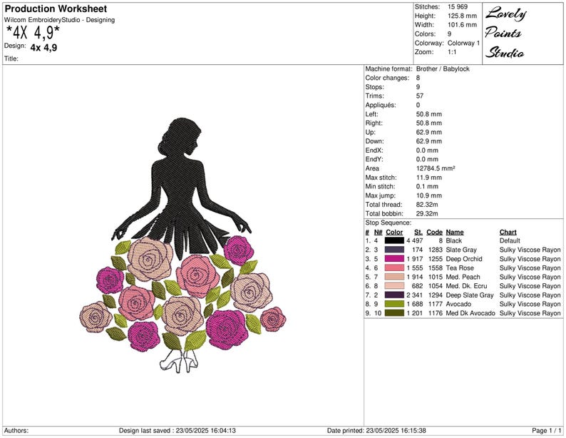 May include: An embroidery design featuring a silhouette of a woman in a dress made of roses. The design includes pink, purple, and green floral elements, with a pair of high heels at the bottom. The design is 4.9 inches wide and 4.9 inches high.