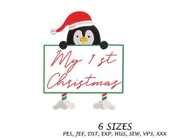 Penguin 1st Christmas Embroidery Design, Machine File, Instant Download, 6 Sizes, Digital , Multi Formats,