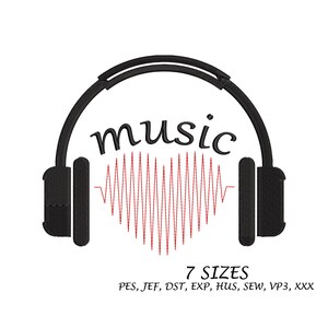 Può includere: Design ricamato nero di cuffie con la parola "music" sopra un'onda sonora rossa a forma di cuore. Il testo "7 TAGLIE" e i formati di file sono in basso.