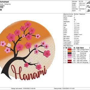 May include: An embroidery design featuring a stylized cherry blossom tree with pink flowers and a sunset background. The design is titled "Hanami" and is 5.6 inches by 5.66 inches.