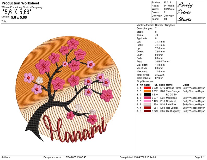 May include: An embroidery design featuring a stylized cherry blossom tree with pink flowers and a sunset background. The design is titled "Hanami" and is 5.6 inches by 5.66 inches.