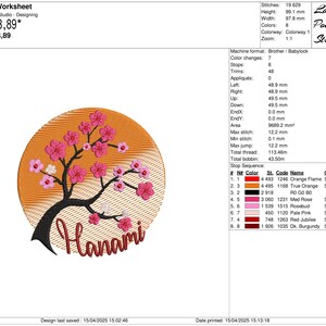 May include: An embroidery design featuring a stylized cherry blossom tree with pink flowers and a yellow-orange background. The design is titled "Hanami" and measures 3.85 inches by 3.89 inches.