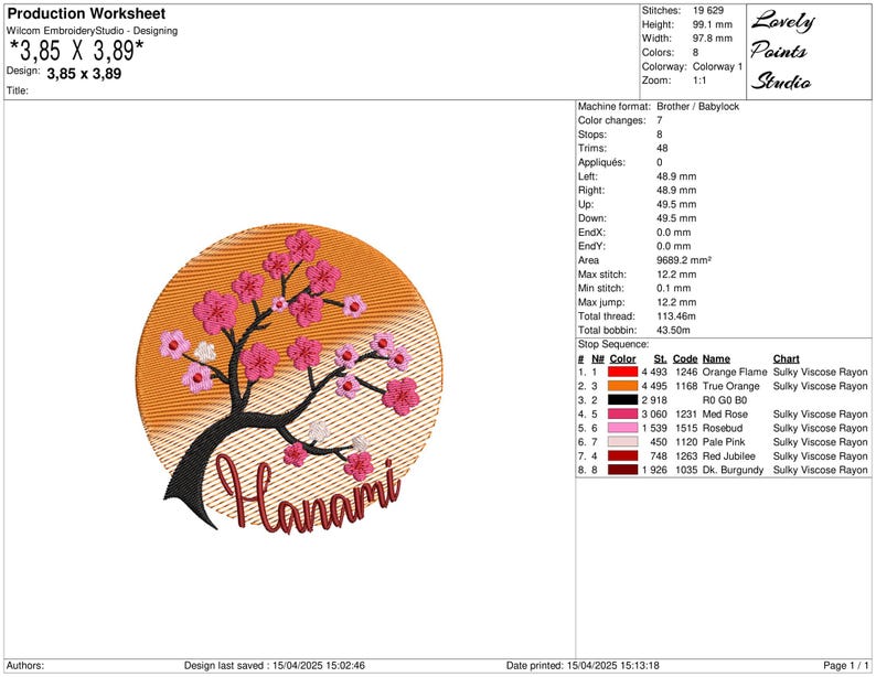 May include: An embroidery design featuring a stylized cherry blossom tree with pink flowers and a yellow-orange background. The design is titled "Hanami" and measures 3.85 inches by 3.89 inches.
