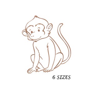 Puede incluir: Ilustración de un mono de dibujos animados en contorno marrón, sentado. El mono tiene una expresión sonriente y orejas grandes. El texto "6 SIZES" se muestra debajo.