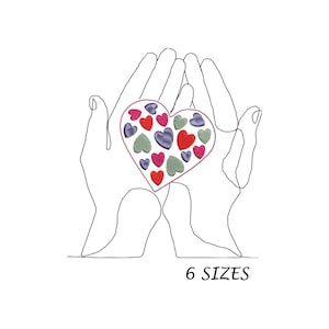 Hands Holding Hearts Line Art Embroidery Design (Digital File, 6 Sizes)