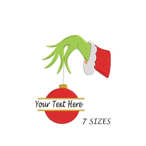 May include: Green hand with a red Santa hat holding a red Christmas ornament with a gold band and the text "Your Text Here".