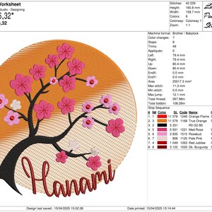 May include: An embroidery design featuring a stylized cherry blossom tree with pink flowers and a sunset background. The design is titled "Hanami" and is 6.25 inches by 6.32 inches.