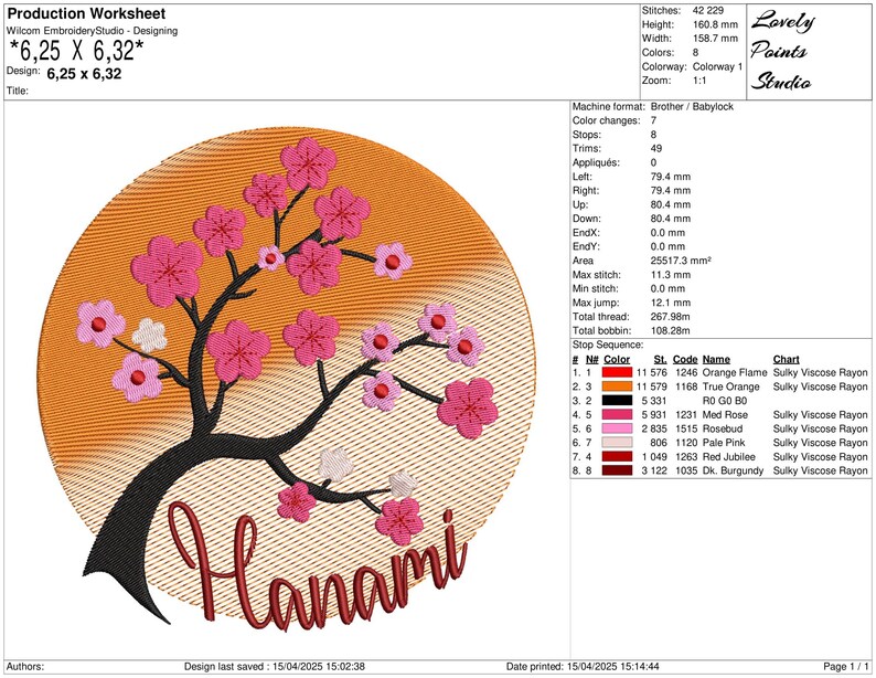 May include: An embroidery design featuring a stylized cherry blossom tree with pink flowers and a sunset background. The design is titled "Hanami" and is 6.25 inches by 6.32 inches.