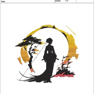May include: A black silhouette of a woman in a kimono standing in front of a stylized sunset with a tree on the left. The design is titled "*5,77 X 5,25*" and the design size is 5.77 inches by 5.25 inches. The design is for embroidery and has 8 colors and 25,639 stitches.