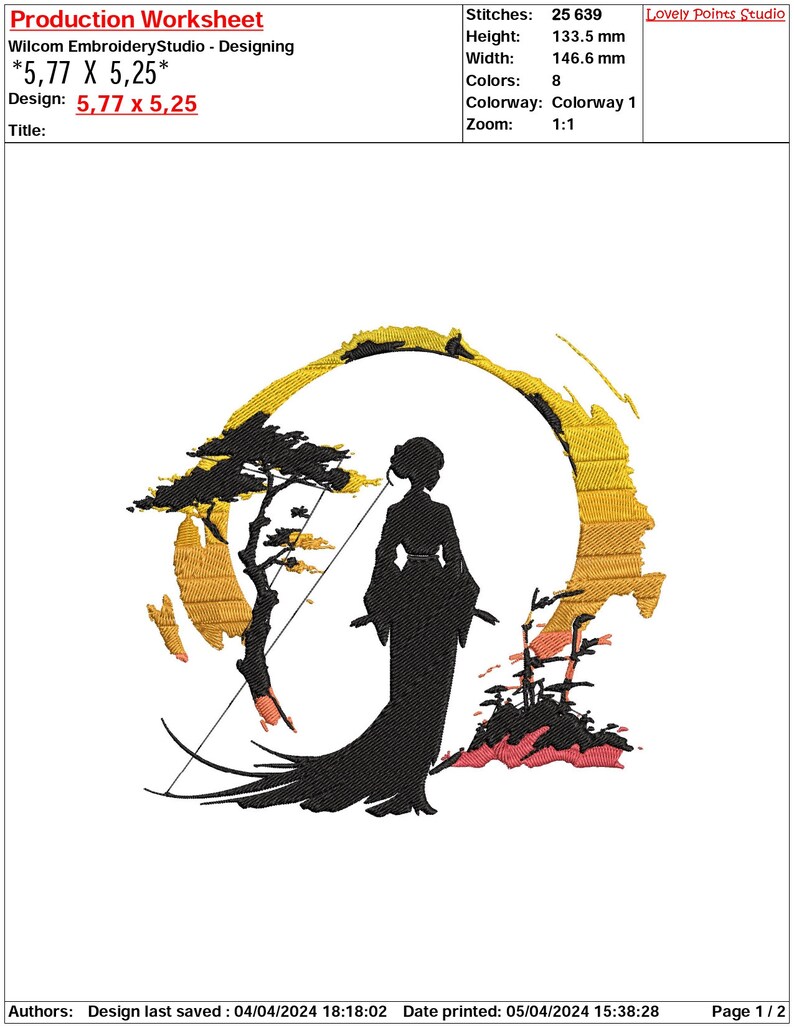 May include: A black silhouette of a woman in a kimono standing in front of a stylized sunset with a tree on the left. The design is titled "*5,77 X 5,25*" and the design size is 5.77 inches by 5.25 inches. The design is for embroidery and has 8 colors and 25,639 stitches.