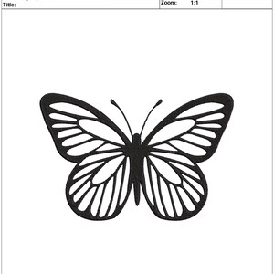 May include: Black and white embroidery design of a butterfly, titled "papillon noir 6 x 3.94". The design is 152.6 mm wide and 100.4 mm high, with 15,193 stitches.