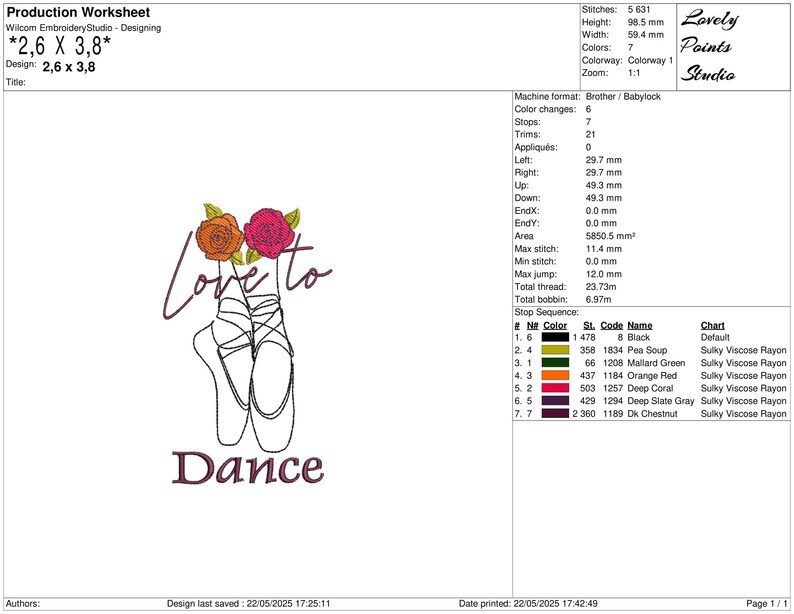 May include: An embroidery design featuring ballet pointe shoes with the words "Love to Dance." The design includes orange and pink roses above the shoes. The design dimensions are 2.6 x 3.8 inches.