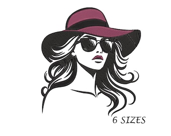 Woman Face With Hat and Sunglasses Machine  Embroidery Design in 6 Sizes  and Multi Formats, Digital File, Instant Download, Embroidery