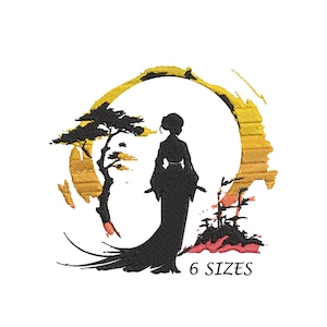 May include: Embroidered design of a woman in a kimono standing in front of a stylized tree and a yellow sun. The design is surrounded by a brushstroke circle. The text "6 SIZES" is below the design.