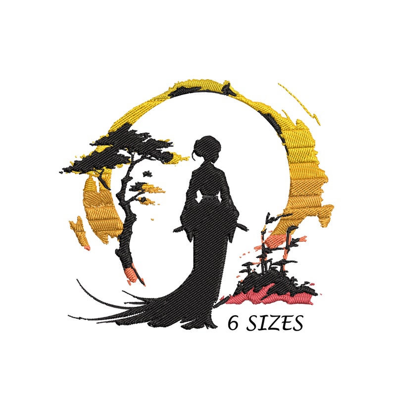 May include: Embroidered design of a woman in a kimono standing in front of a stylized tree and a yellow sun. The design is surrounded by a brushstroke circle. The text "6 SIZES" is below the design.