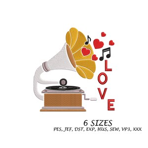 May include: An embroidered design featuring a vintage gramophone with a yellow horn and white accents. Red hearts and musical notes emanate from the horn, with the word "LOVE" in red. The design is available in 6 sizes.