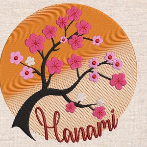 May include: Embroidered design of a pink cherry blossom tree with a sunset background and the word "Hanami" in red lettering.