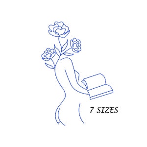 Broderidesign med linjekonst och kvinna som läser: Blomhuvud (digital fil, 7 storlekar)