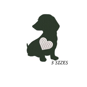 May include: A dark green silhouette of a dog with a white heart on its chest. The text "3 SIZES" is below the dog.
