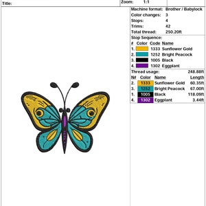 May include: A colorful butterfly embroidery design with yellow, teal, purple, and black thread. The design is 3.65 inches by 2.94 inches and uses 4 colors. The design is titled "*3,65 X 2,94*" and is for Brother/Babylock embroidery machines.