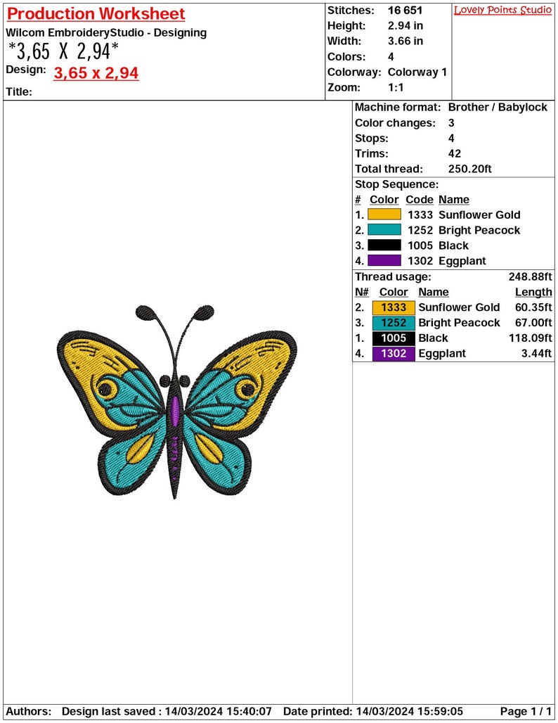 May include: A colorful butterfly embroidery design with yellow, teal, purple, and black thread. The design is 3.65 inches by 2.94 inches and uses 4 colors. The design is titled "*3,65 X 2,94*" and is for Brother/Babylock embroidery machines.