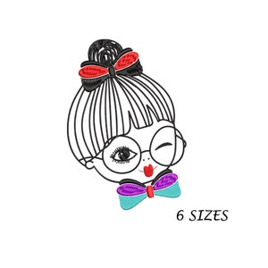 May include: A black and white line drawing of a girl with a red bow in her hair, wearing glasses and a purple and blue bow tie. The girl is winking and has a red mouth.
