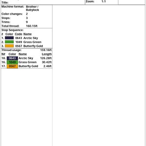 Pu&ograve; includere: Un foglio di lavoro di produzione per un design chiamato "Lapin 6x 6.75" con una lunghezza totale del filo di 160,15 piedi. Il design utilizza tre colori: Arctic Sky, Grass Green e Butterfly Gold. Il design &egrave; alto 6,76 pollici e largo 6,00 pollici.