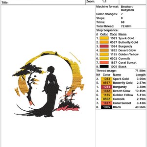 May include: A digital embroidery design featuring a silhouette of a woman in a traditional Japanese kimono standing in front of a stylized sunset. The design includes a tree, bamboo, and a circle. The design is in shades of black, gold, yellow, orange, and red. The design is titled "*4,2 X 3,81*" and is 4.2 inches by 3.81 inches.