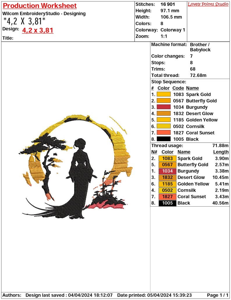 May include: A digital embroidery design featuring a silhouette of a woman in a traditional Japanese kimono standing in front of a stylized sunset. The design includes a tree, bamboo, and a circle. The design is in shades of black, gold, yellow, orange, and red. The design is titled "*4,2 X 3,81*" and is 4.2 inches by 3.81 inches.
