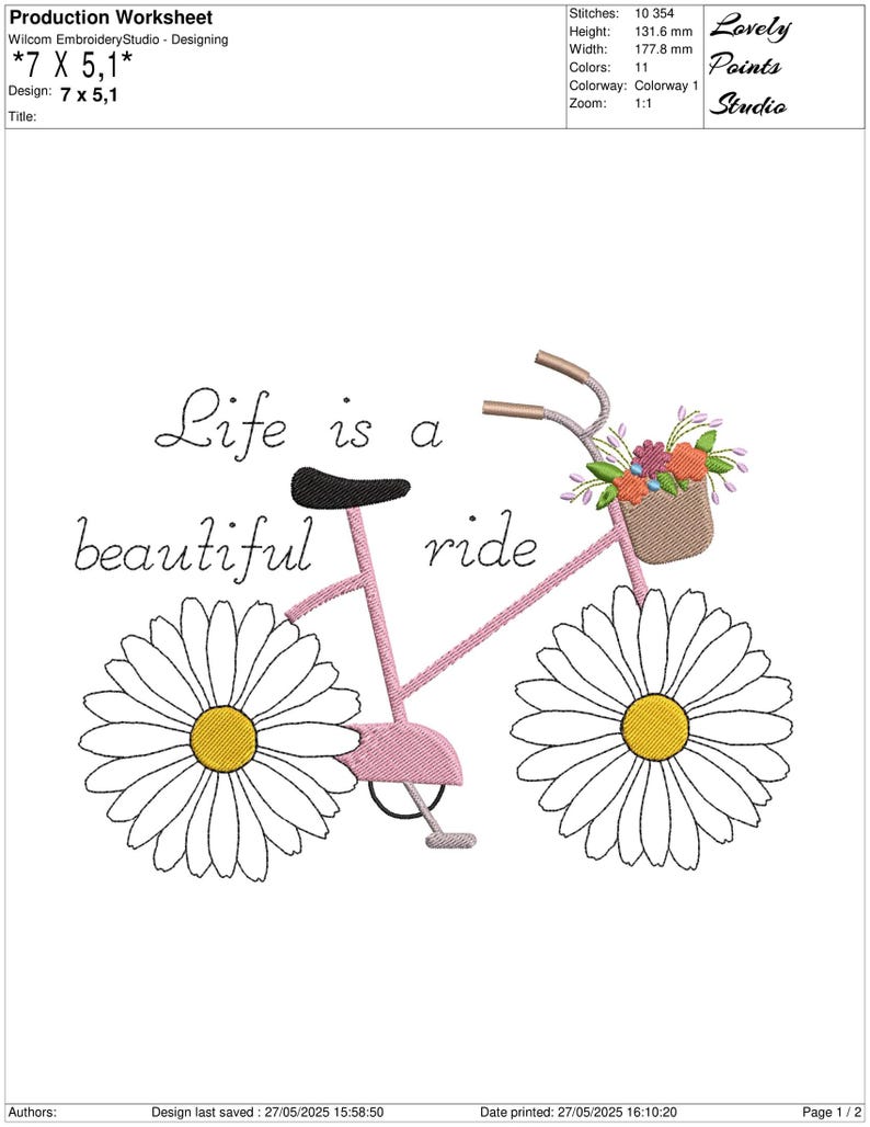 Op de afbeelding: Een roze fiets met madeliefjeswielen en een bloemenmand. De tekst "Life is a beautiful ride" is in cursief geschreven. Het is een productiewerkblad voor borduurwerk.