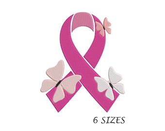 Cancer Ribbon & Butterflies Embroidery Design (6 Sizes, Multi Formats, Instant Download)