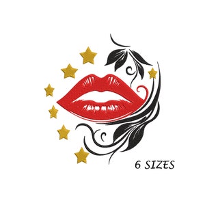 Lips with Golden Stars and Leaves Embroidery Design for Machine in 6 Sizes, Instant Download Digital File, Mouth Machine Embroidery Design