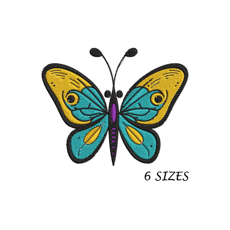 May include: A blue and yellow butterfly with black outlines and purple accents. The butterfly is a digital embroidery design available in six sizes.