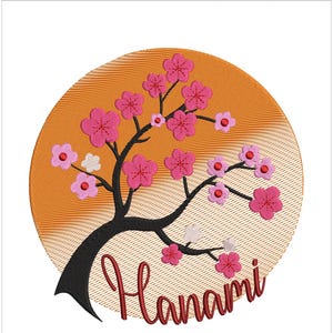 May include: An embroidery design featuring a pink cherry blossom tree with the word "Hanami" in red script. The tree is set against a sunset-colored background.