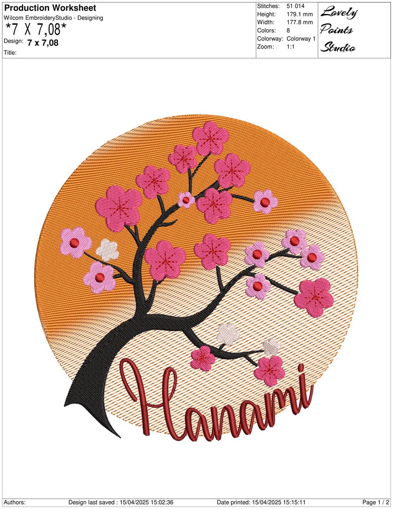 May include: An embroidery design featuring a pink cherry blossom tree with the word "Hanami" in red script. The tree is set against a sunset-colored background.