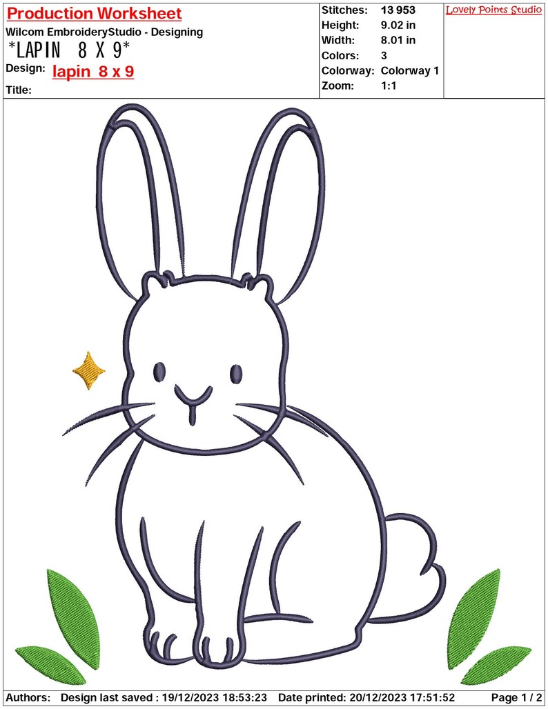 Pu&ograve; includere: Un disegno in bianco e nero di un coniglio seduto con le orecchie dritte. Il coniglio ha una piccola stella sopra la testa ed &egrave; circondato da due foglie verdi. Il design &egrave; intitolato "lapin 8 x 9" ed &egrave; largo 20,32 cm e alto 22,86 cm.