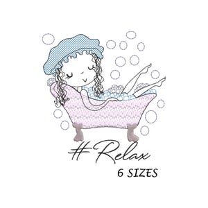 Könnte beinhalten: Eine Schwarzweiß-Zeichnung eines Mädchens in einer Badewanne mit Blasen. Das Mädchen trägt eine Duschhaube und hat die Augen geschlossen. Der Text "#Relax 6 SIZES" befindet sich unter dem Bild.