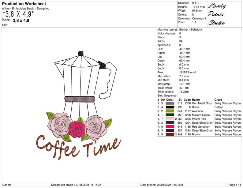 May include: An embroidery design featuring a coffee pot, roses, and the text "Coffee Time." The design is approximately 3.8 x 4.9 inches and includes various colors such as black, green, pink, and brown. The design is suitable for machine embroidery.