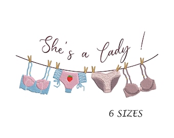 Hanging Lingerie Set and She's a Lady Embroidery Design for Machine in 6 Sizes, Multi Formats Digital File, Instant Download, Machine File