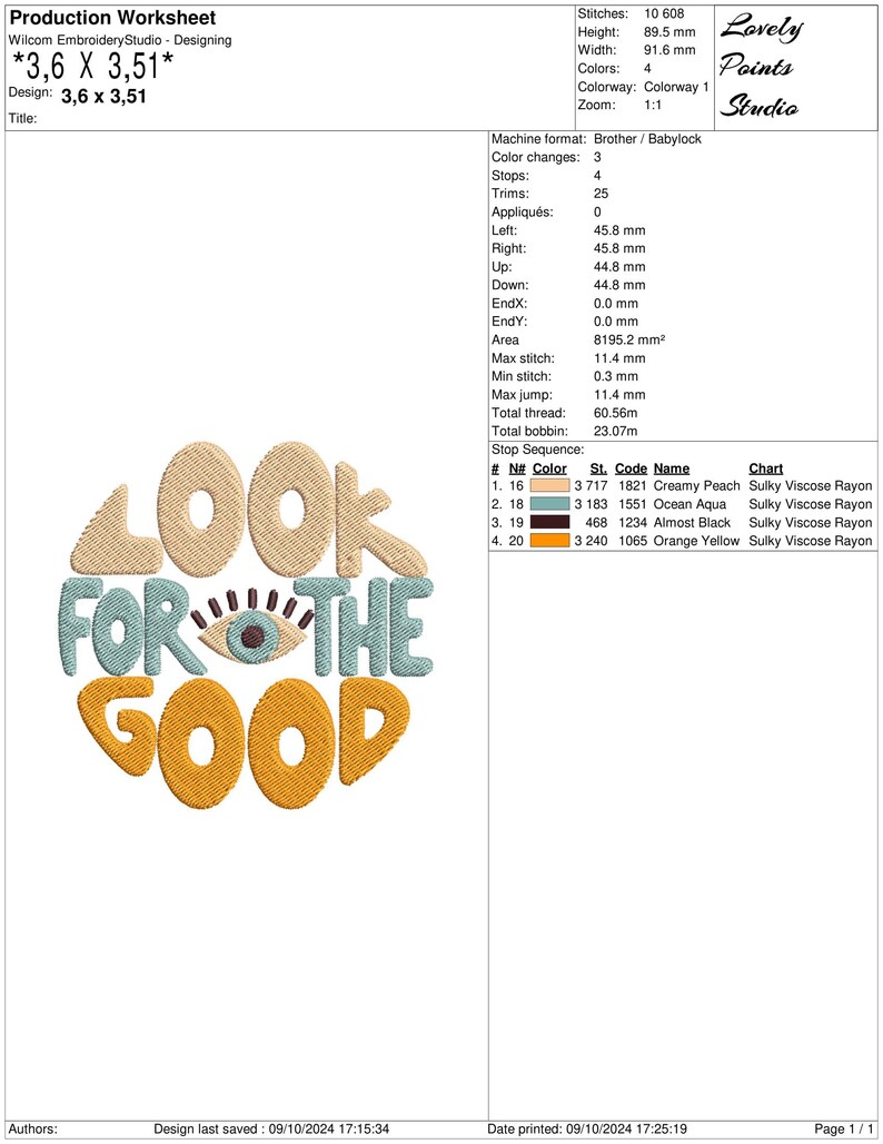 Pu&ograve; includere: File di ricamo per un design colorato e stravagante che dice "Look for the good" con un occhio al centro della "O" di "good". Il design &egrave; in un cerchio con le parole "Look" e "Good" in un carattere pi&ugrave; grande di "for the".