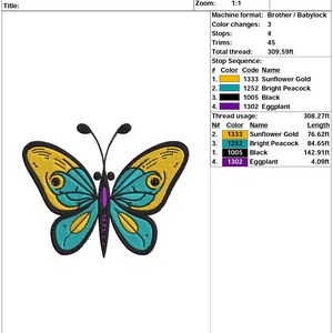 May include: A colorful butterfly embroidery design with yellow, blue, black, and purple thread. The design is 4.25 inches by 3.42 inches and includes 19,873 stitches.