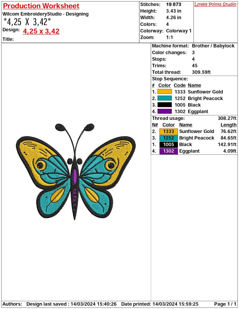 May include: A colorful butterfly embroidery design with yellow, blue, black, and purple thread. The design is 4.25 inches by 3.42 inches and includes 19,873 stitches.