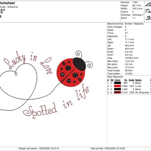May include: An embroidery design featuring a red ladybug with black spots and a heart, with the text "Lucky in Love Spotted in Life." The design measures 5.6 x 3.8 cm.