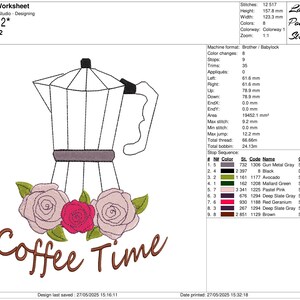 May include: An embroidery design featuring a coffee pot with a floral arrangement of pink and red roses. The words "Coffee Time" are written in a brown script below the flowers. The design measures 4.8 x 6.2 inches.