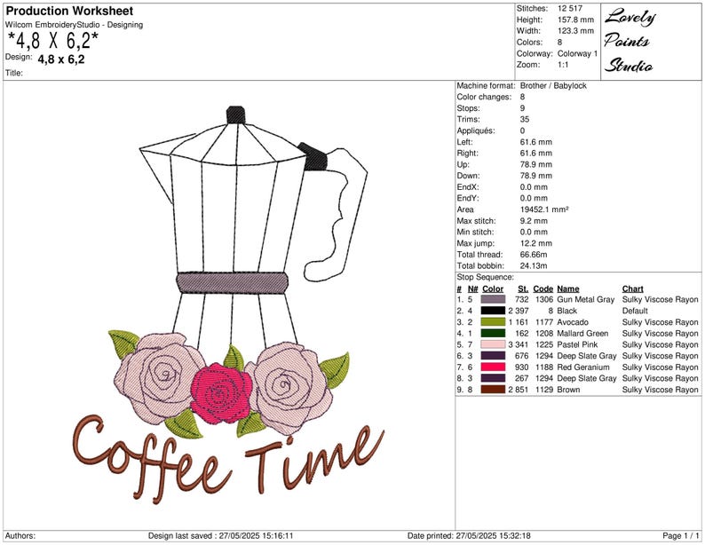 May include: An embroidery design featuring a coffee pot with a floral arrangement of pink and red roses. The words "Coffee Time" are written in a brown script below the flowers. The design measures 4.8 x 6.2 inches.