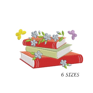 Maskinbroderidesign med böcker och blommor (digital fil, 6 storlekar)