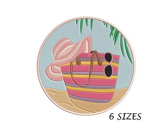 Beach Hat Bag and Sunglasses on Sand Embroidery Design for Machine, 6 Sizes and Multi Formats, Instant Download, Digital File, Summer Design