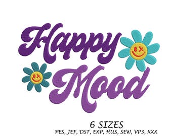 Może przedstawiać: Wzór haftu w kolorze fioletowym i niebieskim z tekstem "Happy Mood" i dwoma stylizowanymi kwiatami z uśmiechniętymi buźkami.